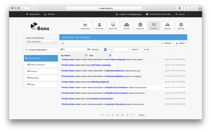 Bekijk alle activiteiten in vBoxxCloud met de uitgebreide activity log.
